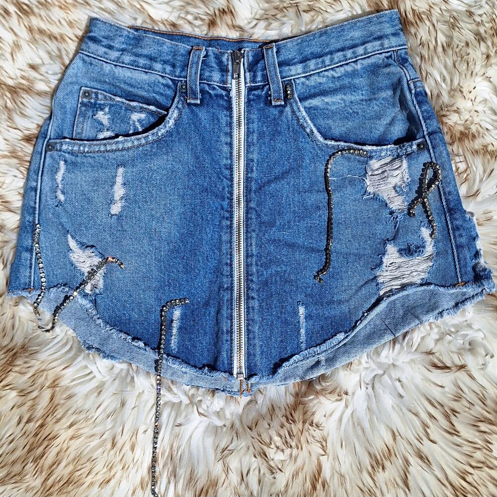 Carmar LF zip up denim cutoff rhinestone mini skirt distressed sexy frayed jean